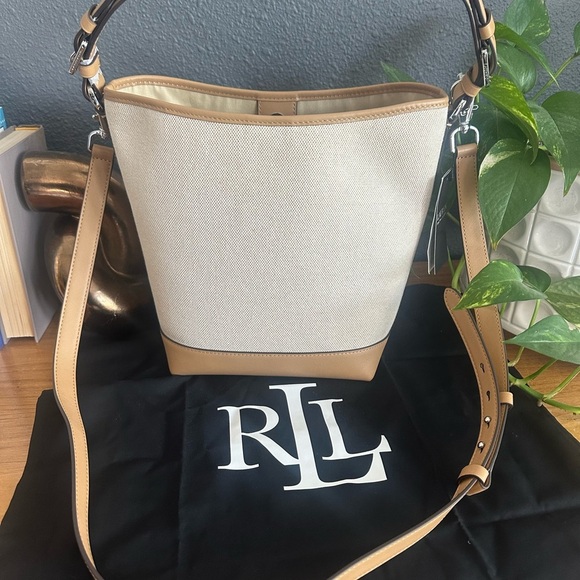 NWT Ralph Lauren Canvas Med Whitley Beige Tan Monogram Shoulder Bucket Bag - Picture 6 of 10